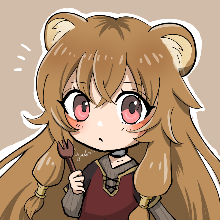 1girl :&lt; animal_ear_fluff animal_ears black_dress blush brown_background brown_hair chibi closed_mouth collar collarbone commentary_request dress grey_dress hair_between_eyes hair_tubes hand_up holding holding_spork layered_dress long_hair long_sleeves looking_at_viewer metal_collar metal_hair_tubes outline pink_eyes raccoon_ears raccoon_girl raphtalia red_dress short_sleeves signature solo spork striped_clothes striped_dress tate_no_yuusha_no_nariagari two-tone_dress upper_body vertical-striped_clothes vertical-striped_dress white_outline wooden_spork yuki_(angieee)