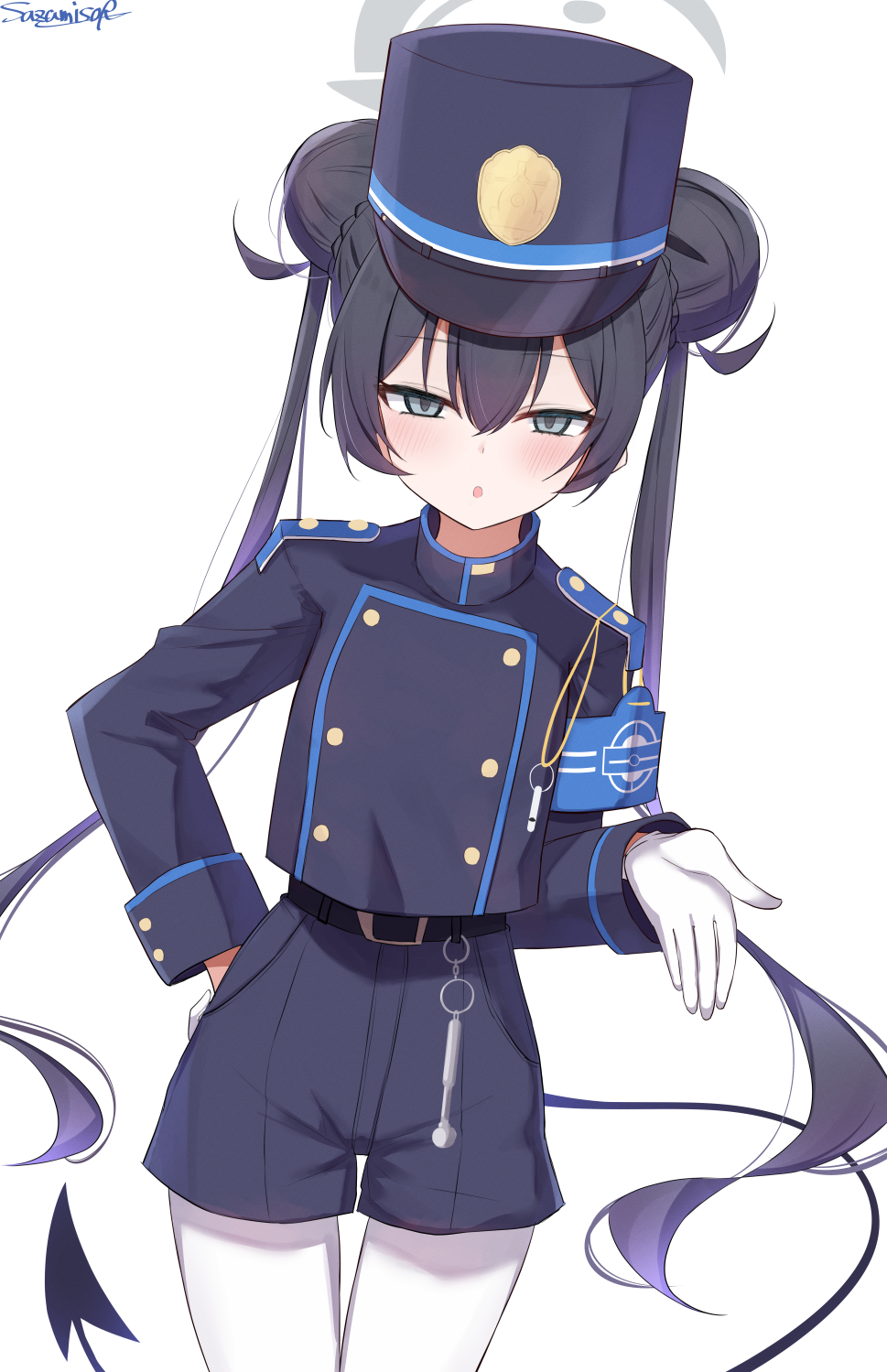 1girl armband black_hair black_tail blue_archive blue_armband blue_shorts braid braided_bun buttons cosplay demon_tail double-breasted double_bun gloves grey_eyes grey_halo hair_between_eyes hair_bun halo highres kisaki_(blue_archive) long_hair long_sleeves looking_at_viewer nozomi_(blue_archive) nozomi_(blue_archive)_(cosplay) pantyhose sazamiso_rx short_shorts shorts solo tail train_conductor twintails very_long_hair white_gloves white_pantyhose
