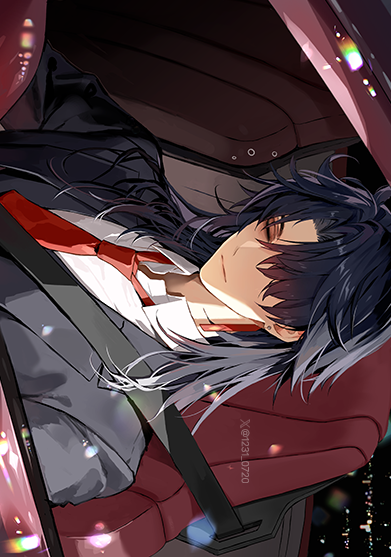 1boy artist_name black_jacket black_vest blade_(honkai:_star_rail) blade_(jepella_rebellion)_(honkai:_star_rail) blue_hair car_interior closed_eyes closed_mouth collared_shirt commentary dark_blue_hair earrings expressionless formal_clothes gradient_hair hair_intakes hair_over_one_eye honkai:_star_rail honkai_(series) jacket jewelry lapels long_hair male_focus multicolored_hair necktie np_(1231_0720) official_alternate_costume one_eye_covered open_clothes open_jacket parted_bangs red_hair red_necktie seatbelt shirt sideways sitting sleeping sleeping_upright solo squeans suit symbol-only_commentary twitter_username twitter_x_logo upper_body vest white_shirt wing_collar