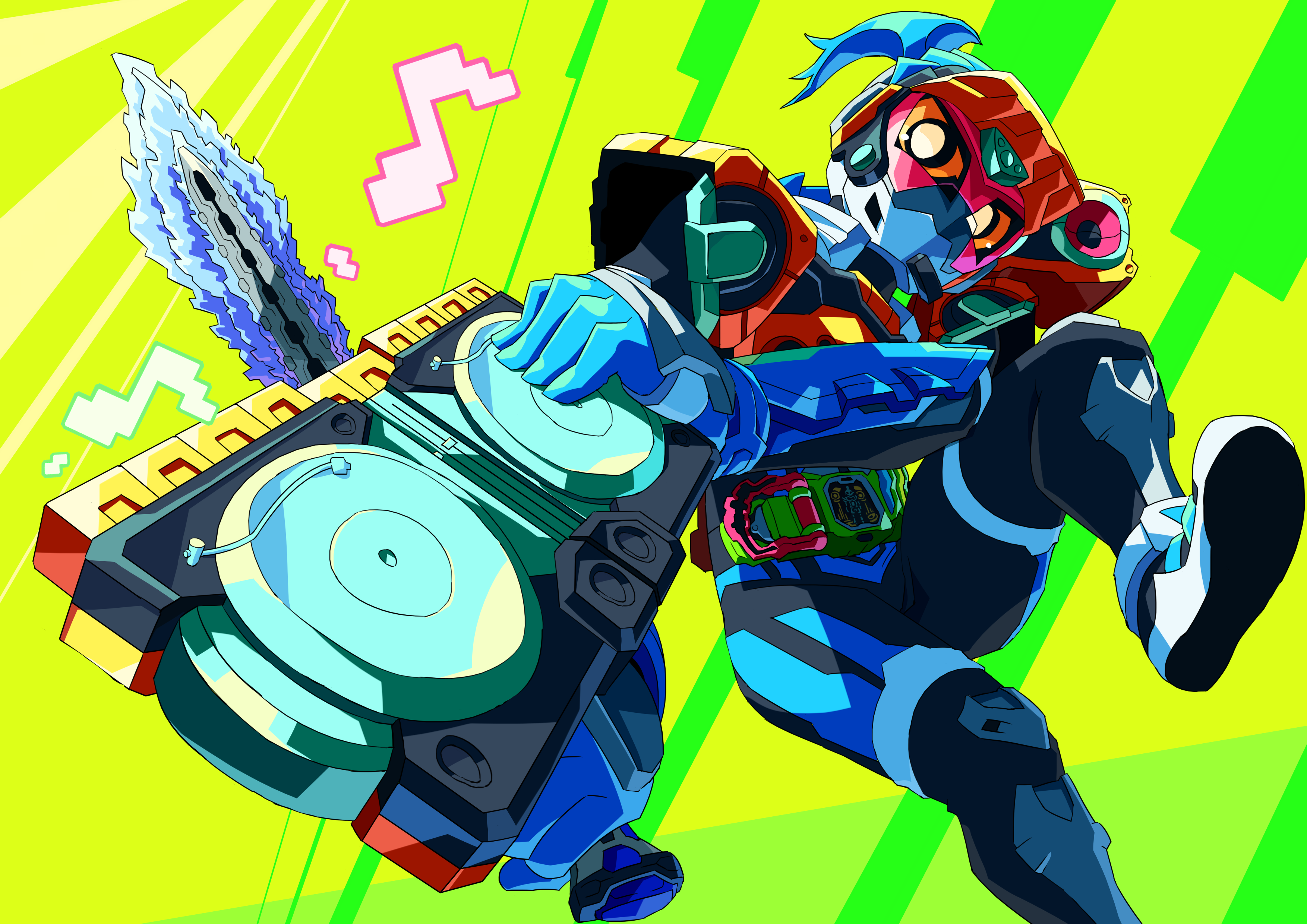 absurdres armor belt commentary_request doremifa_beat_level_2 gashacon_sword highres kamen_rider kamen_rider_brave kamen_rider_ex-aid_(series) otokamu phonograph quest_gamer_level_3 speaker sword turntable visor_cap weapon