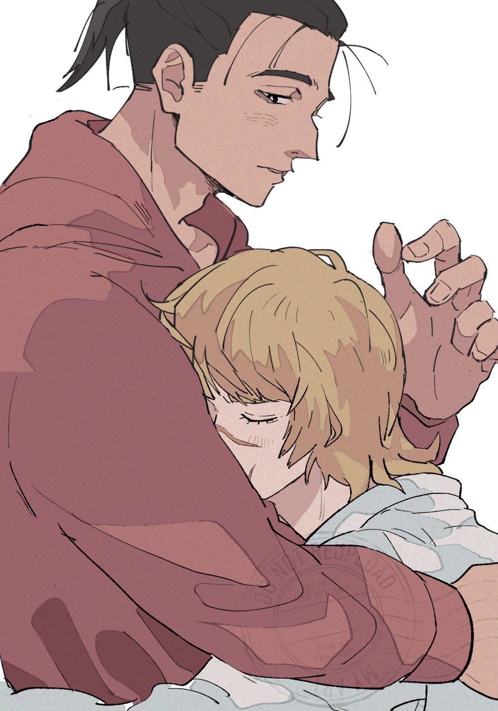 2boys arm_around_shoulder badeni black_hair blonde_hair brown_hoodie chi.:_chikyuu_no_undou_ni_tsuite closed_eyes grey_sweater highres hood hood_down hoodie hug light_blush male_focus medium_hair multiple_boys oczy parted_lips ponytail qpsk_6 scar scar_on_face scar_on_mouth scar_on_nose sweater upper_body white_background yaoi