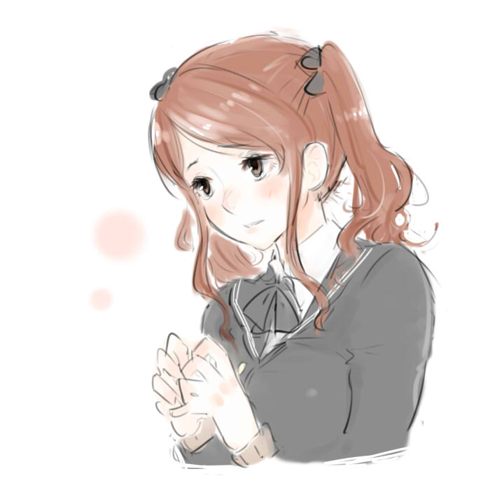 1girl amagami black_ribbon black_sailor_collar blush breasts brown_eyes brown_hair collared_shirt cropped_torso hair_ribbon hands_up jibakurei_(elite_unchi) large_breasts light_frown long_sleeves looking_ahead medium_hair nakata_sae neck_ribbon nervous own_hands_together parted_lips ribbon sailor_collar shirt sidelocks solo swept_bangs twintails upper_body