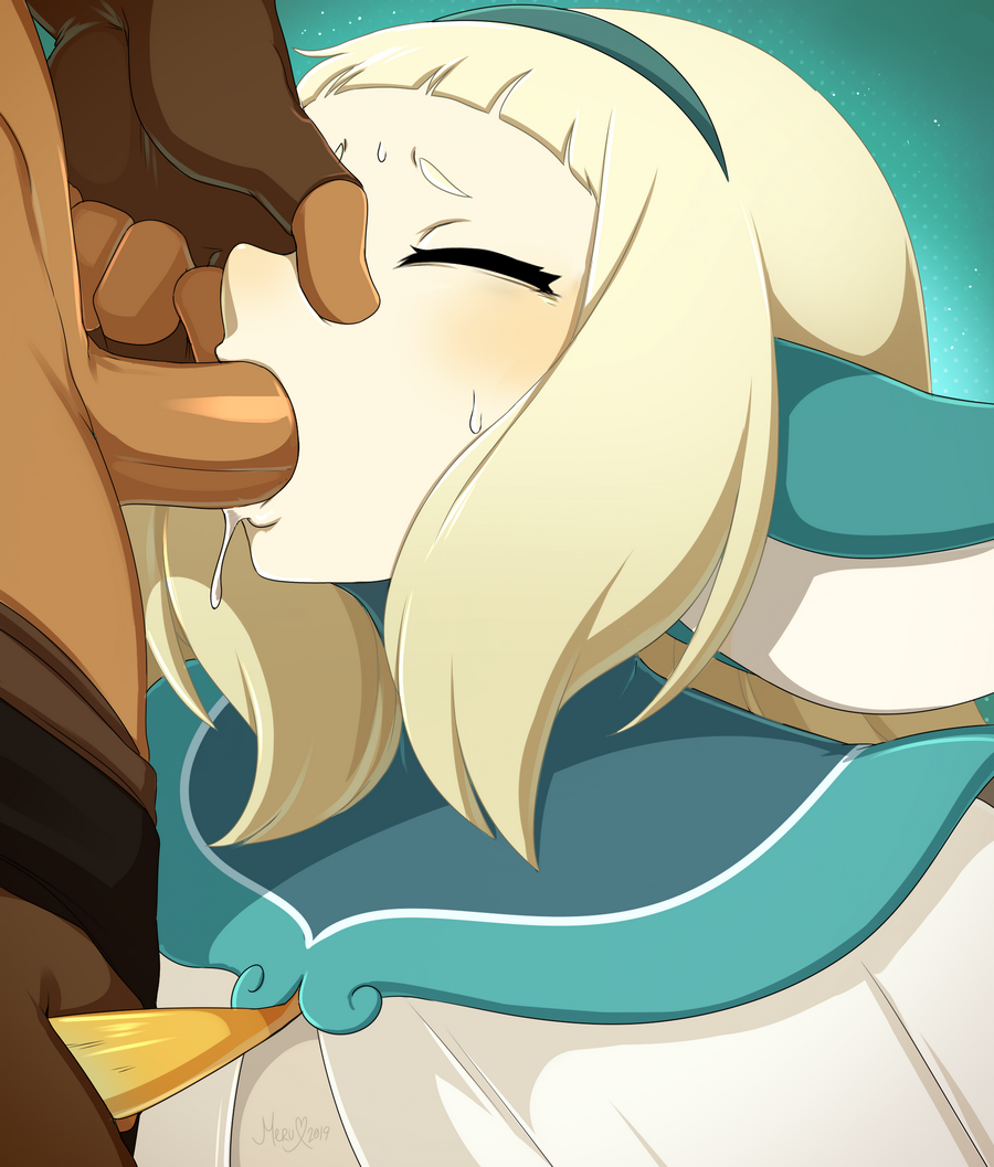 1boy 1girl animal_ears bakara black_hairband blonde_hair blush brown_gloves closed_eyes clothes_pull dofus fellatio fingerless_gloves from_side gloves hairband hetero holding_nose irrumatio medium_hair merunyaa multicolored_background oral penis pinching_another&#039;s_nose portrait sweatdrop