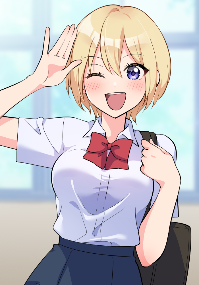 1girl ;d bag blonde_hair blue_eyes blurry blurry_background bow hair_between_eyes hand_up indoors junjonta one_eye_closed open_mouth original red_bow school_bag school_uniform shirt short_hair short_sleeves skirt smile teeth upper_teeth_only white_shirt window