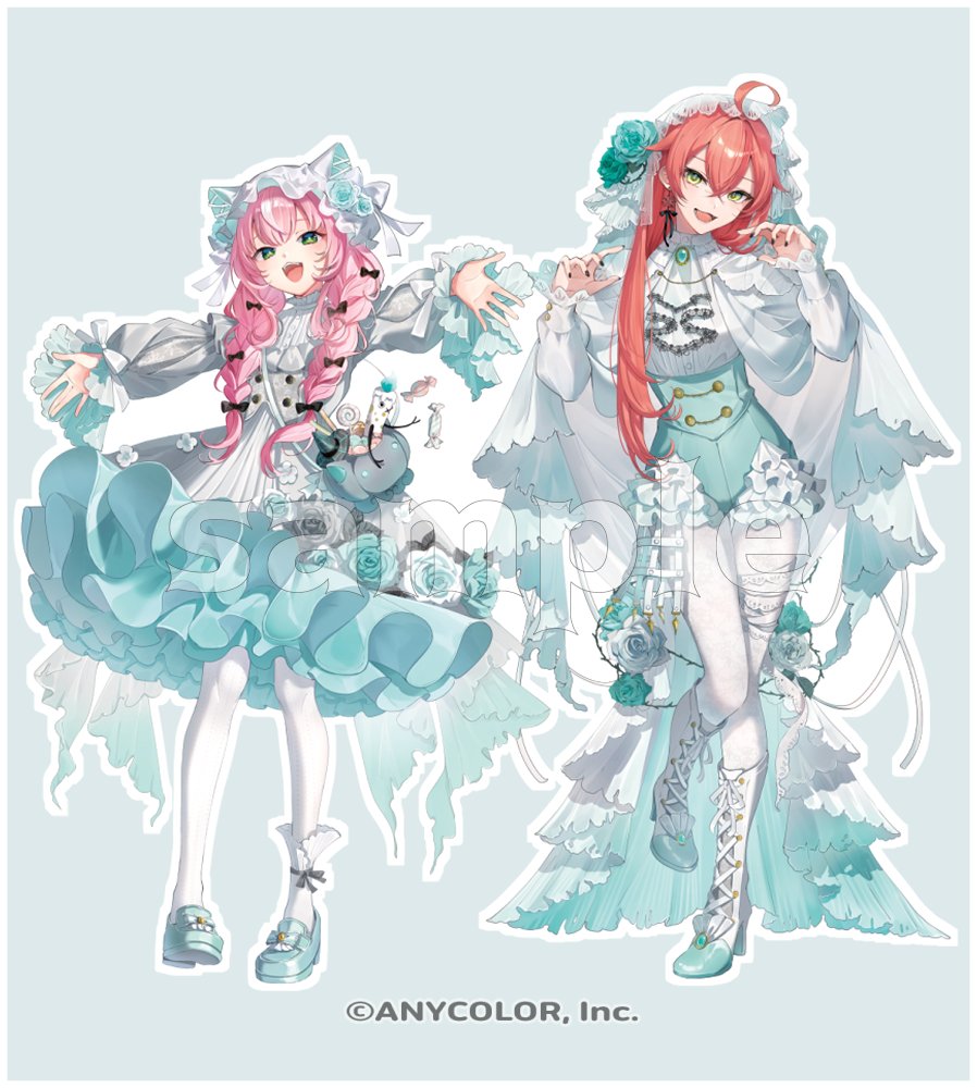 2girls :d ahoge animal_ears aqua_background aqua_boots aqua_dress aqua_flower aqua_rose aqua_shoes aqua_shorts ascot bag black_bow black_nails boots bow braid brooch buttons candy cape cat_ears cat_girl center-flap_bangs claw_pose copyright_notice crossed_bangs double-breasted dress dress_flower earrings fangs flower food frilled_dress frilled_shorts frilled_sleeves frilled_thigh_strap frills green_eyes grey_flower grey_rose hair_between_eyes hair_bow hair_flower hair_ornament hair_over_shoulder halloween_bucket hat high-waist_shorts high_heel_boots high_heels jewelry lace-up_boots loafers lollipop long_hair long_sleeves looking_at_viewer medium_dress mob_cap multicolored_hair multiple_girls nail_polish naruka_(ynarukay) nijisanji nijisanji_kr official_art open_mouth orange_hair outline outstretched_arms pantyhose pink_hair puffy_long_sleeves puffy_sleeves ribbon_earrings rose sample_watermark shirt shishido_akari shoes short_shorts shorts shoulder_bag simple_background single_earring single_sock smile socks socks_over_pantyhose spread_arms standing standing_on_one_leg streaked_hair swirl_lollipop teeth thigh_strap thorns train_(clothing) twin_braids two-tone_dress upper_teeth_only veil virtual_youtuber watermark white_ascot white_cape white_dress white_flower white_footwear white_hair white_outline white_pantyhose white_rose white_shirt white_socks white_veil wrapped_candy yang_nari