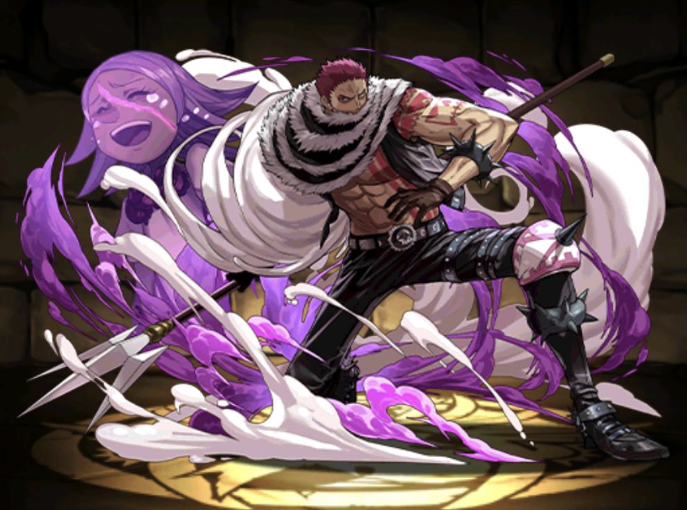 1boy 1girl abs adachi_yousuke arm_tattoo black_pants black_vest brother_and_sister charlotte_brulee charlotte_katakuri colored_smoke commentary_request crying gloves holding holding_weapon one_piece pants purple_hair puzzle_&amp;_dragons scarf short_hair siblings smoke tattoo tears vest weapon