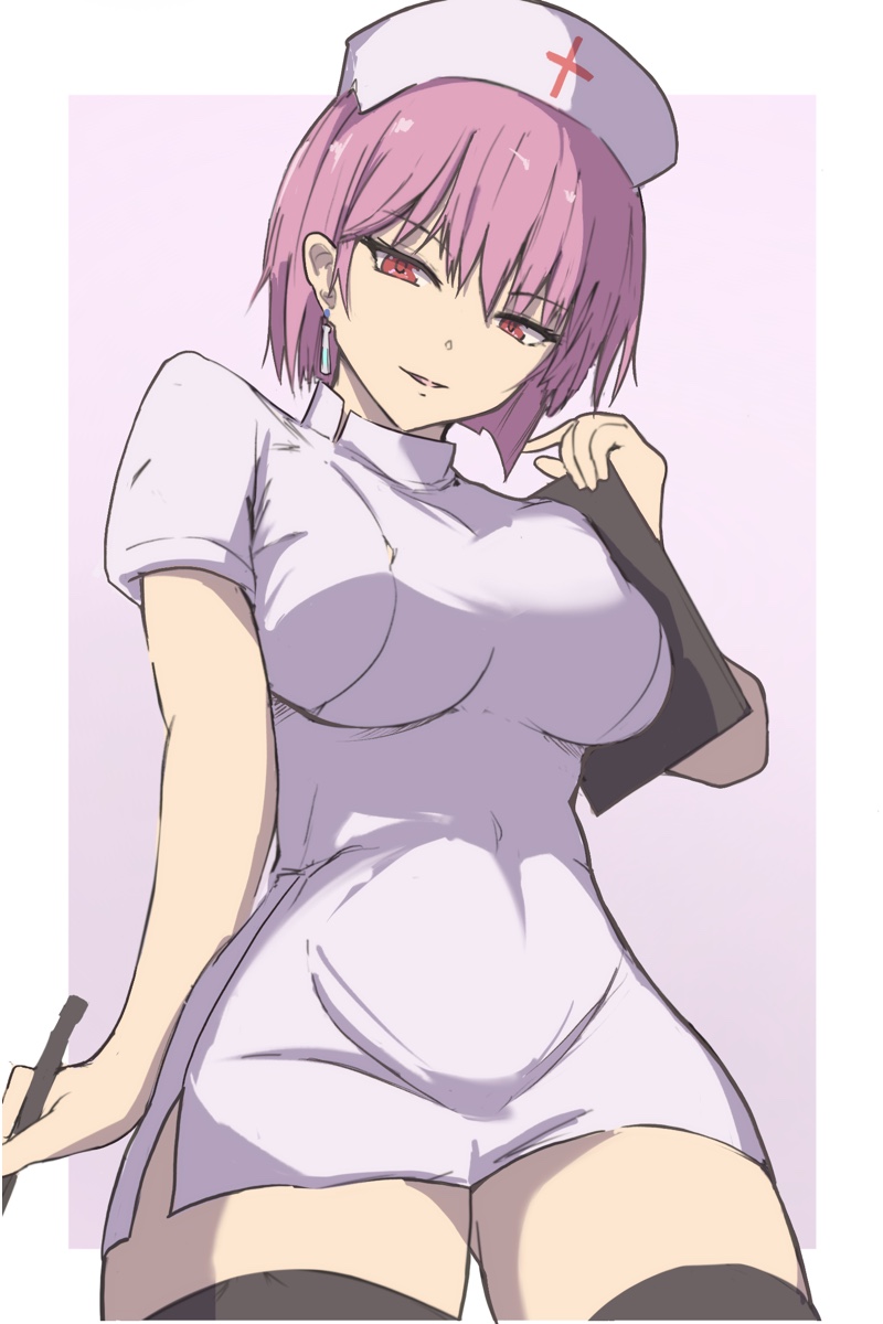 1girl black_thighhighs breasts clipboard earrings from_below hat heaven_burns_red highres jewelry large_breasts nurse nurse_cap pen potenara purple_hair red_eyes short_hair solo tezuka_saki thighhighs
