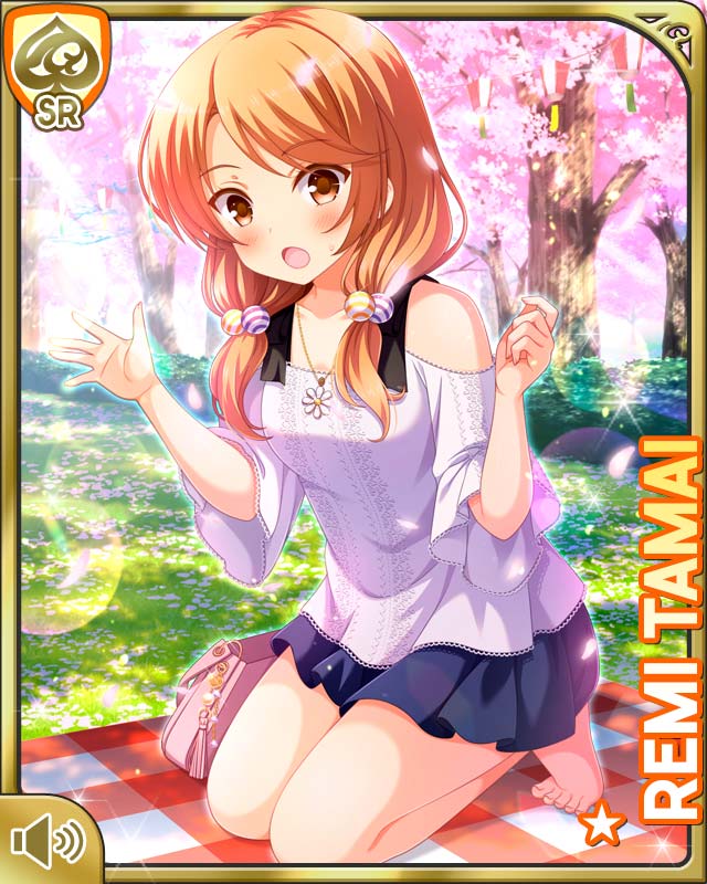1girl :o barefoot black_skirt brown_eyes brown_hair card_(medium) cherry_blossoms day girlfriend_(kari) jewelry kneeling looking_at_viewer low_twintails necklace official_art open_mouth outdoors qp:flapper shirt skirt solo tagme tamai_remi twintails white_shirt