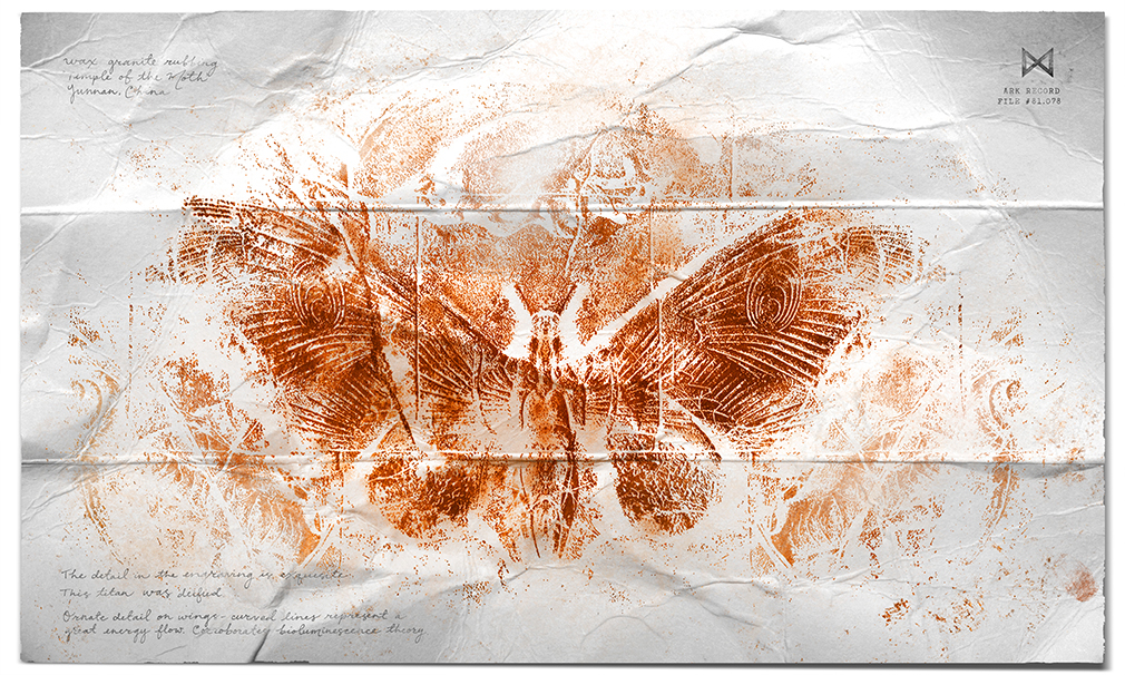 bug butterfly conspiracy giant giant_monster godzilla:_king_of_the_monsters godzilla_(series) hieroglyphics insect kaiju legendary_pictures monarch_(monsterverse) monster monsterverse moth mothra mural no_humans official_art promotional_art sketch text_focus toho viral_marketing