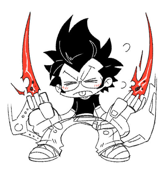 &gt;_&lt; 1boy beam_katana beatle black_hair blush chibi closed_eyes denim energy_sword glasses jeans male_focus no_more_heroes no_more_heroes_2 pants shirt solo sword t-shirt tongue tongue_out travis_touchdown weapon