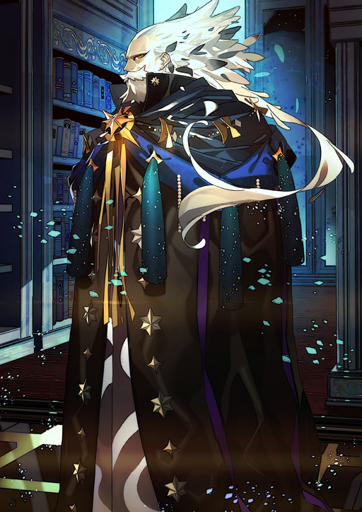 1boy beard black_cloak book bookshelf cloak facial_hair fate/grand_order fate_(series) floating_hair from_side full_beard full_body game_cg hair_slicked_back indoors long_hair looking_at_viewer male_focus morii_shizuki mustache official_art old old_man ptolemy_(fate) ptolemy_(third_ascension)_(fate) solo standing third-party_source white_facial_hair white_hair yellow_eyes