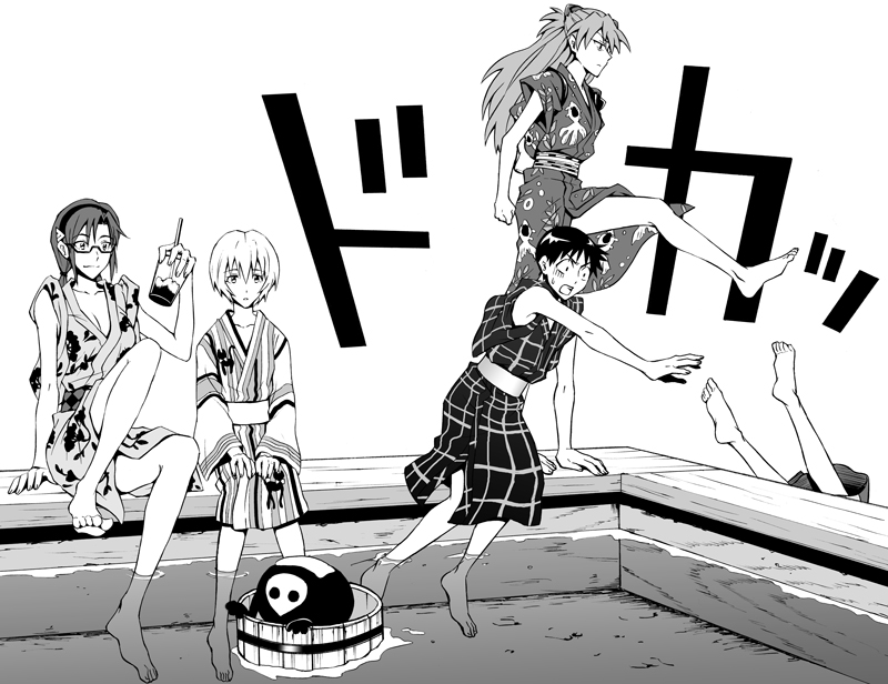 2boys 3girls ayanami_rei bad_id bad_pixiv_id barefoot drink drinking_straw greyscale hand_fan ikari_shinji japanese_clothes kicking kimono long_hair makinami_mari_illustrious monochrome multiple_boys multiple_girls nagisa_kaworu neon_genesis_evangelion paper_fan rebuild_of_evangelion sachiel_(evangelion) short_hair soaking_feet souryuu_asuka_langley tsukito_(leaf_moon82) yukata