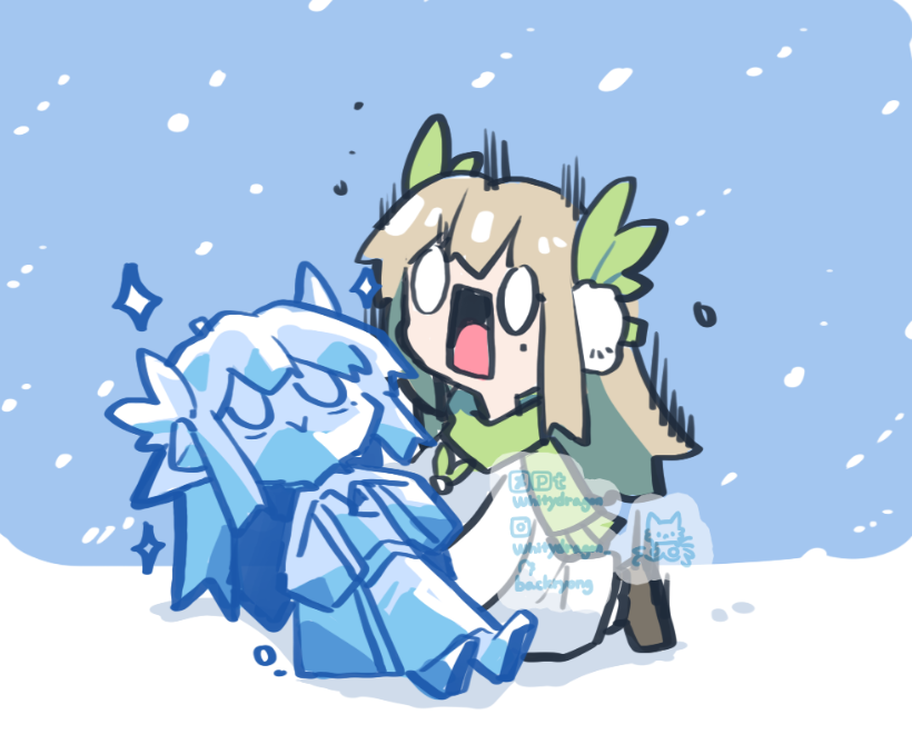alternate_costume arknights brown_footwear clone closed_mouth coat commentary deformed deviantart_logo deviantart_username earmuffs english_commentary frozen full_body green_scarf instagram_logo instagram_username laurel_crown laurels long_hair looking_at_another looking_at_viewer mole mole_under_eye muelsyse_(arknights) open_mouth pixiv_logo pixiv_username scarf smile snow snowing star_(symbol) surprised tumblr_logo tumblr_username twitter_logo twitter_username white_coat whitydragon wide-eyed