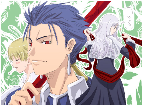1girl 2boys black_dress blue_hair blush caren_hortensia closed_mouth commentary_request cu_chulainn_(fate) dress earrings fate/hollow_ataraxia fate_(series) gilgamesh_(fate) green_background jewelry looking_at_viewer lowres male_focus mr.romance multiple_boys red_eyes short_hair smile solo_focus upper_body white_hair