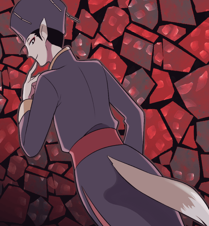 1boy ahoge black_hair breath_of_fire breath_of_fire_iv closed_mouth eyeshadow finger_to_mouth hat looking_at_viewer makeup male_focus minashirazu robe smile solo tail yuna_(breath_of_fire)