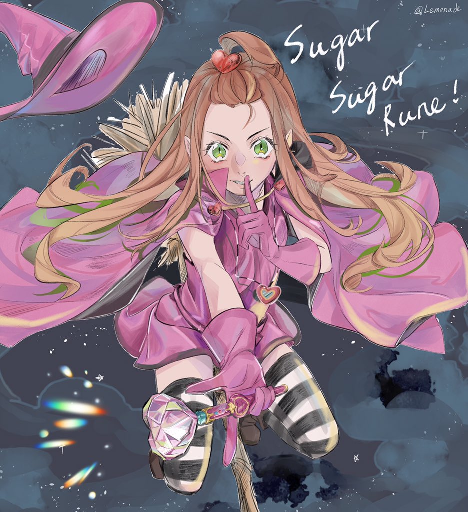 1girl broom broom_riding cape chocolat_meilleure commentary_request dress floating_hat gloves green_eyes hair_ornament hat heart heart_hair_ornament heart_pendant holding long_hair looking_at_viewer night night_sky orange_hair pink_cape pink_dress pink_gloves pointing pointing_at_viewer pointy_ears realemonade sidelocks sky solo striped_clothes striped_thighhighs sugar_sugar_rune thighhighs witch witch_hat