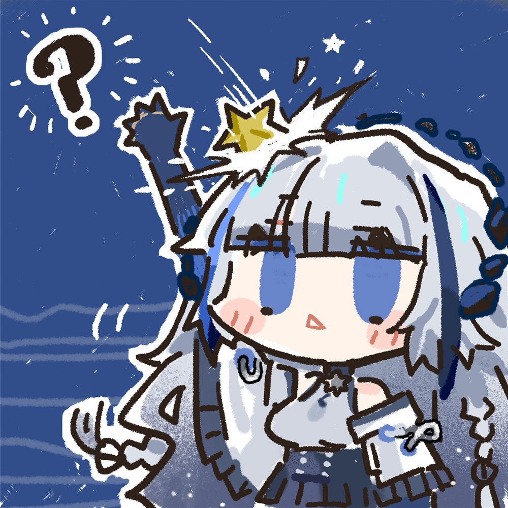 1girl :&lt; ? arm_up blue_eyes blue_hair chibi chibi_only chinese_commentary cui_pi_zha_xia_qiu girls&#039;_frontline girls&#039;_frontline_neural_cloud grey_hair grey_shirt hubble_(neural_cloud) long_hair official_art second-party_source shirt solo star_(symbol)