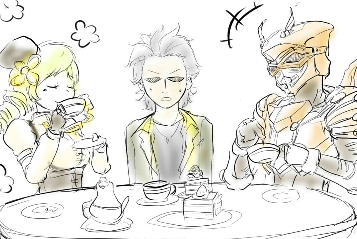 10s 1girl 2boys beret blonde_hair cake cassava_(illdaf_sunaryo) closed_eyes corset crossover cup drill_hair drinking food fruit gloves grey_hair hase_ryouji hat kamen_rider kamen_rider_gaim_(series) kamen_rider_ryuki_(series) kamen_rider_scissors magical_girl mahou_shoujo_madoka_magica mahou_shoujo_madoka_magica_(anime) multiple_boys open_mouth sketch spot_color strawberry table teacup teapot tomoe_mami tomoe_mami_(magical_girl) twin_drills white_background