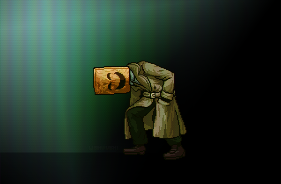 1boy bag coat emio facing_viewer famicom_tantei_club full_body lisnovski looking_at_viewer mask nintendo paper_bag pixel_art raincoat solo trench_coat walking