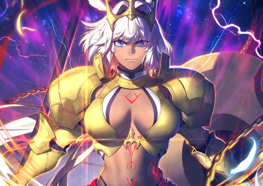 1girl armor azusa_(hws) bikini black_bikini blue_eyes body_markings breasts caenis_(fate) caenis_(third_ascension)_(fate) chain cleavage crown dark-skinned_female dark_skin fate/grand_order fate_(series) faulds forehead_protector gold_armor hair_intakes looking_at_viewer nail_polish official_art polearm shoulder_plates solo swimsuit tattoo weapon white_hair white_nails