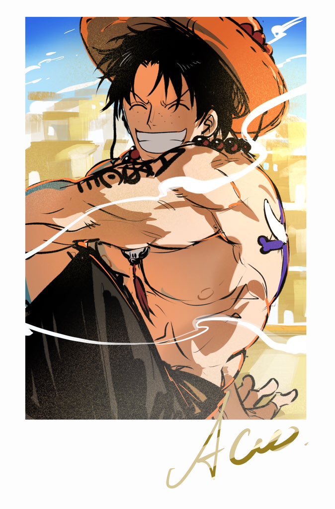 1boy ^_^ arm_tattoo back_tattoo black_hair black_shorts closed_eyes freckles hashtag-only_commentary hat jewelry jolly_roger male_focus mrjieshisu muscular muscular_male necklace one_piece orange_hat pearl_necklace portgas_d._ace short_hair shorts signature sky smile solo tattoo topless_male whitebeard_pirates_jolly_roger