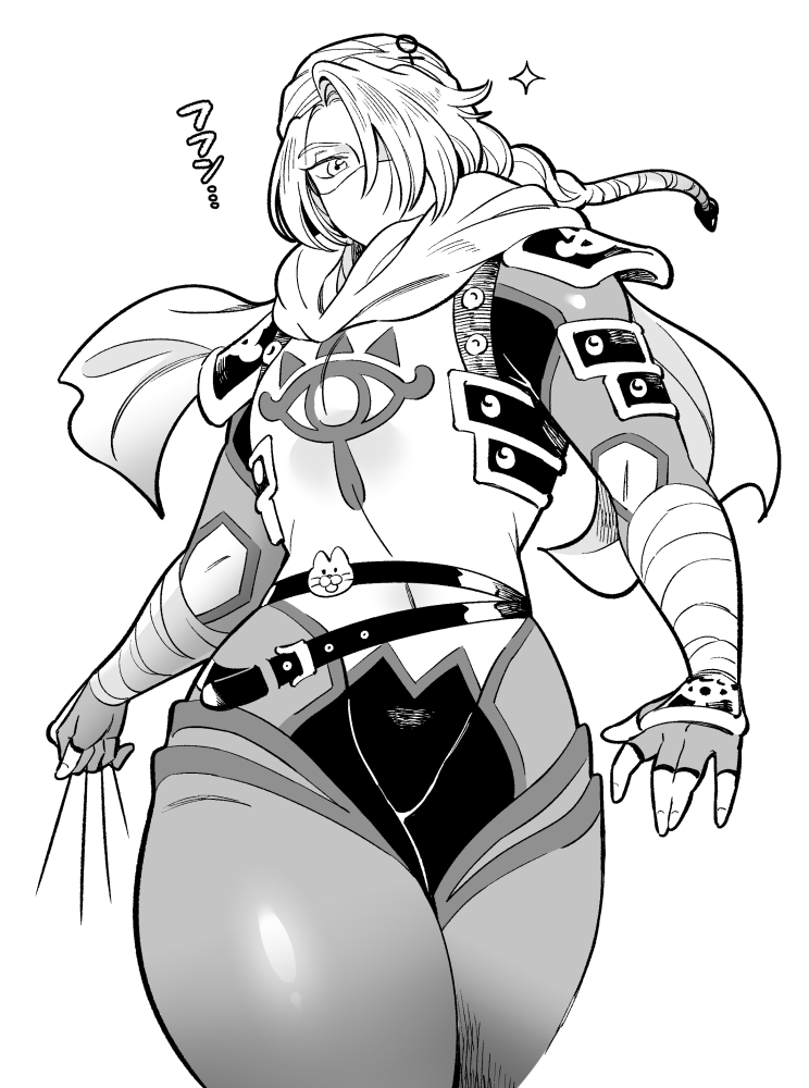 1girl adapted_costume armor braid braided_ponytail cowboy_shot doboshiru fingerless_gloves gloves greyscale hair_over_one_eye looking_at_viewer looking_down monochrome needle nintendo sheik solo sparkle the_legend_of_zelda the_legend_of_zelda:_breath_of_the_wild the_legend_of_zelda:_ocarina_of_time turban white_background wide_hips