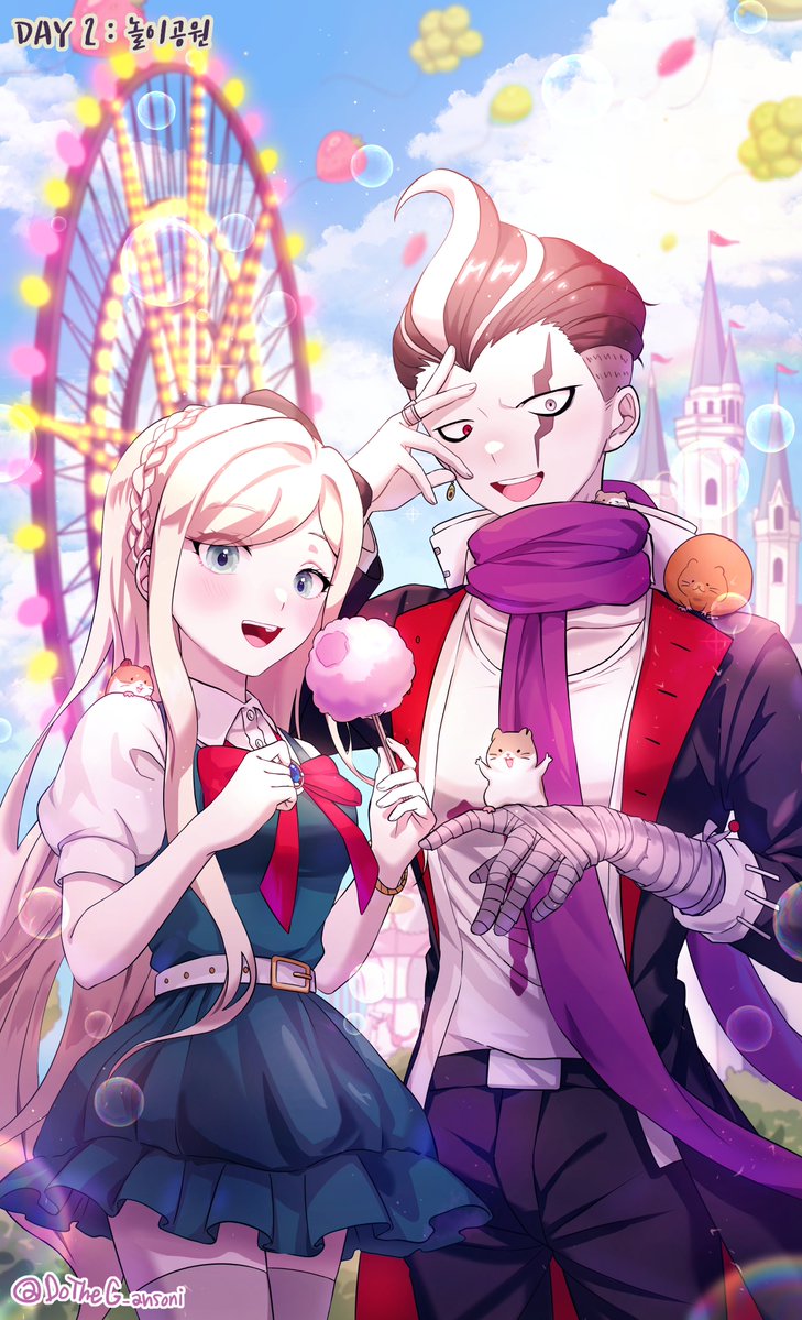 1boy 1girl animal balloon bandages belt black_belt black_hair black_pants blonde_hair bow bowtie braid castle cham-p collarbone cotton_candy cowboy_shot danganronpa_(series) danganronpa_2:_goodbye_despair day dress dudeoji_(dotheg_ansoni) ferris_wheel food french_braid green_dress grey_eyes grey_hair hair_bow hamster heterochromia holding holding_cotton_candy holding_food jacket jum-p long_hair maga-g multicolored_hair open_clothes open_jacket open_mouth outdoors pants puffy_short_sleeves puffy_sleeves red_bow red_bowtie red_eyes scarf shirt short_hair short_sleeves smile sonia_nevermind sun-d tanaka_gundham teeth thighhighs white_belt white_shirt zettai_ryouiki