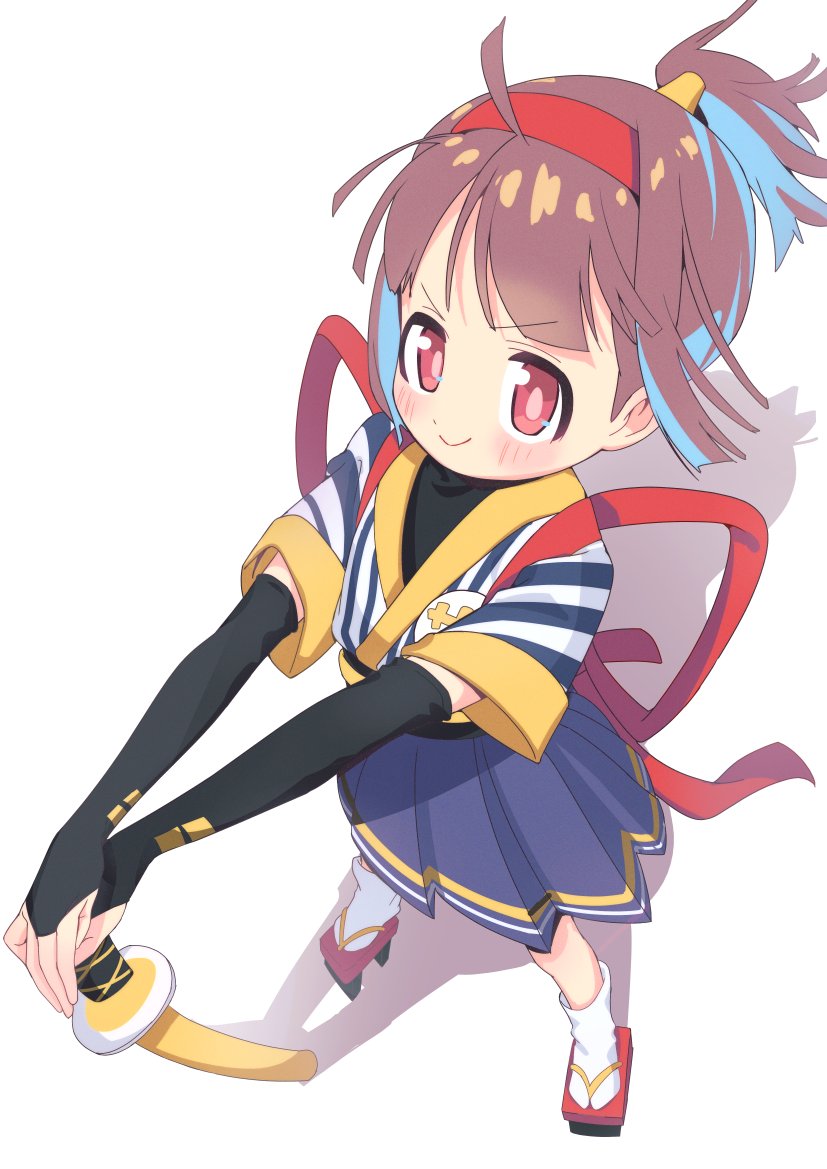 1girl black_gloves blue_hair blush bridal_gauntlets brown_eyes brown_hair commentary cosplay elbow_gloves full_body geta gloves hairband hands_on_hilt hozuki_momiji imadake_dabuchi_tabemi katana legs_apart looking_at_viewer mcdonald&#039;s mochitsuki_kagami multicolored_hair onii-chan_wa_oshimai! planted planted_sword planted_weapon ponytail red_hairband samurai_tamago_tabemi samurai_tamago_tabemi_(cosplay) sheath sheathed short_hair short_ponytail short_sleeves simple_background smile solo standing striped_clothes sword tabi two-tone_hair v-shaped_eyebrows weapon white_background