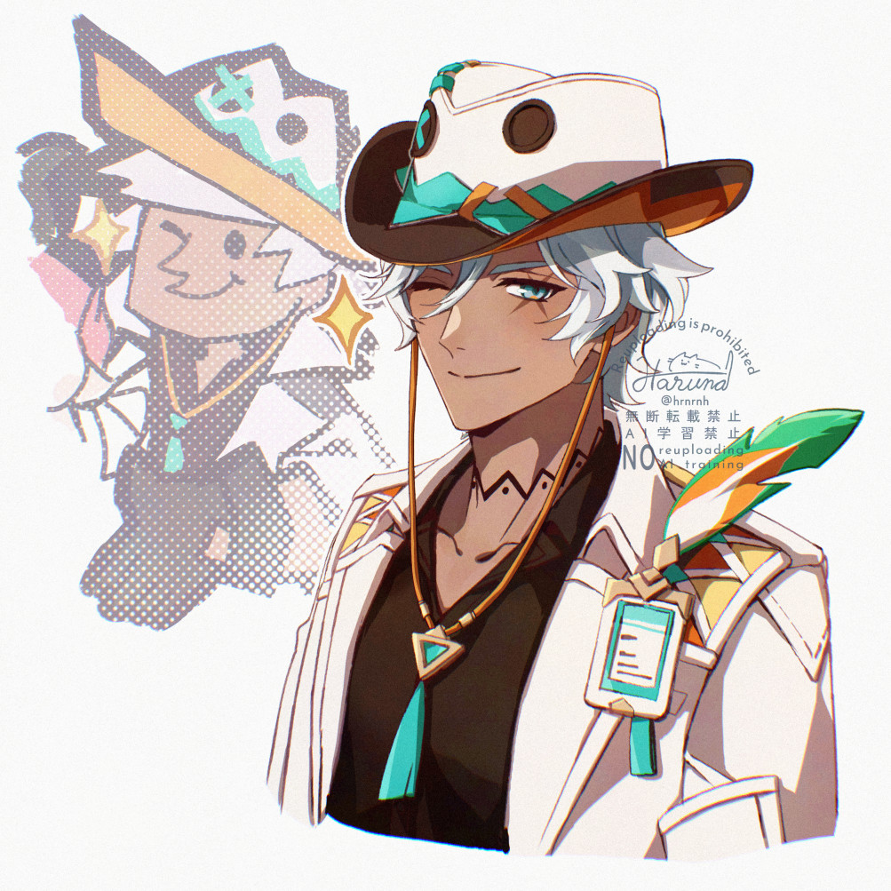 1boy artist_name black_shirt blue_eyes closed_mouth collarbone collared_jacket collared_shirt commentary_request cowboy_hat dark-skinned_male dark_skin feathers genshin_impact hair_between_eyes haruna_(hrnrnh) hat id_card ifa_(genshin_impact) jacket lapels looking_at_viewer male_focus one_eye_closed open_clothes open_jacket scar scar_across_eye scar_on_face shirt short_hair signature simple_background smile smirk solo twitter_username upper_body watermark white_background white_hair white_hat white_jacket
