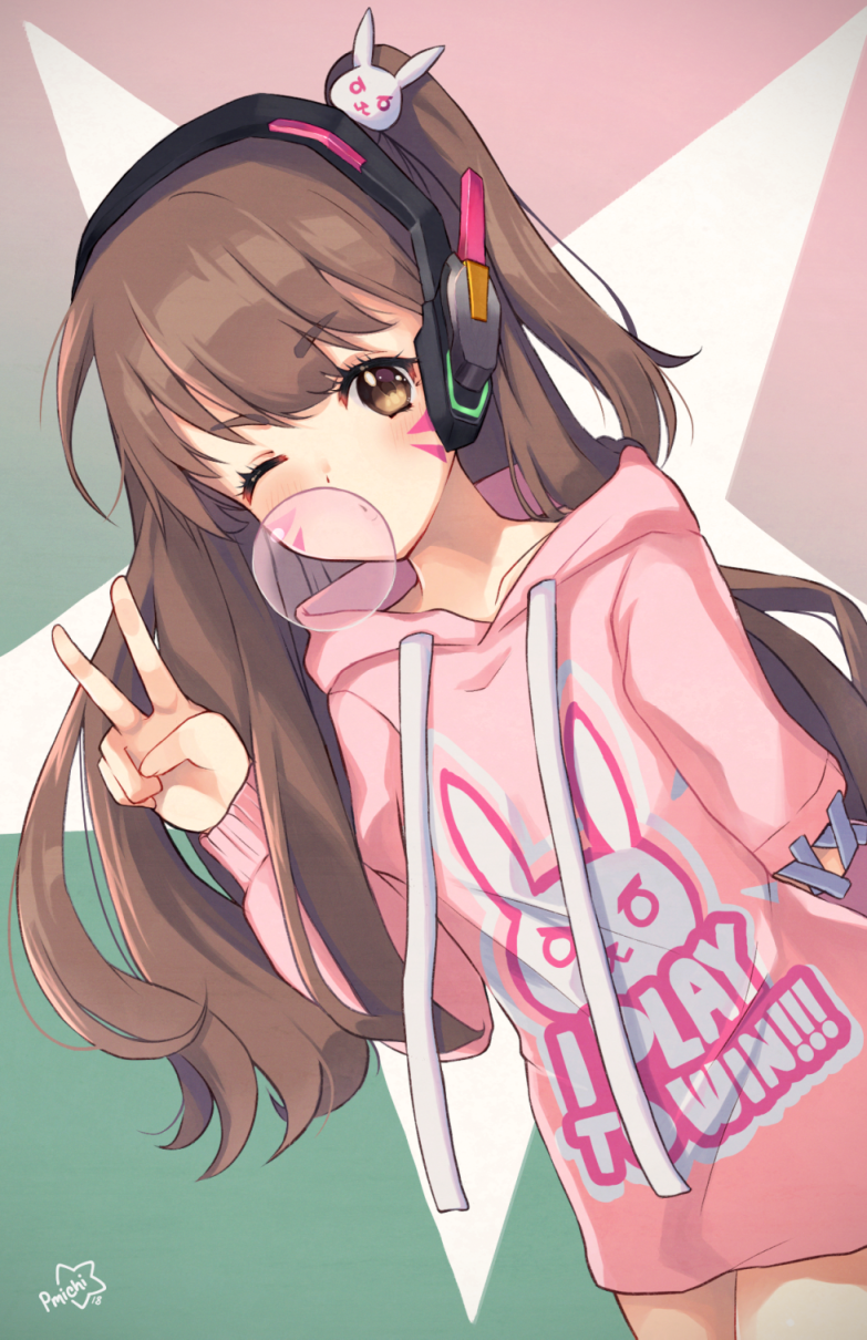 1girl animal_print asagawa_mikan_(peachy_michi) blowing_bubbles blush brown_eyes brown_hair casual chewing_gum d.va_(overwatch) drawstring dutch_angle facial_mark female_focus hair_ornament headphones highres hood hood_down long_hair looking_at_viewer one_eye_closed one_side_up overwatch overwatch_1 rabbit_hair_ornament rabbit_print solo standing swept_bangs v whisker_markings