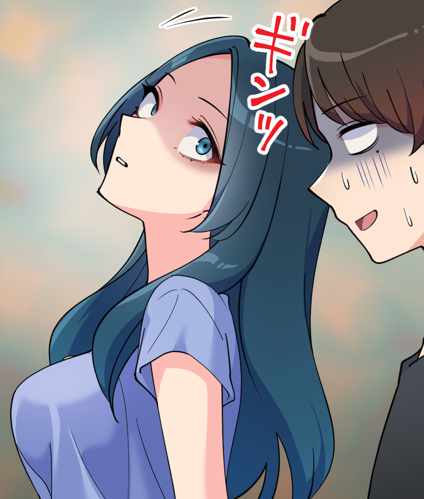 1boy 1girl black_shirt blue_eyes blue_hair blue_shirt blurry blurry_background brown_hair junjonta long_hair looking_at_another mole mole_under_eye nervous_sweating original profile shirt short_sleeves sweat