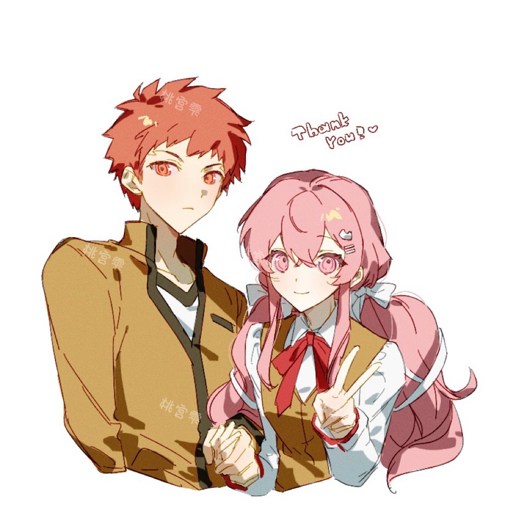 1boy 1girl :3 black_skirt blush breaker_gorgon brown_vest chibi couple cross cross_print emiya_shirou fate/stay_night fate_(series) hair_ornament hair_ribbon heart homurabara_academy_school_uniform igote interlocked_fingers long_hair momomiya_shizuku_(gaoyue_jixiang) neck_ribbon oc_x_canon orange_hair original own_hands_clasped own_hands_together pastels pink_eyes print_ribbon red_hair red_ribbon ribbon school_uniform second-party_source shirt skirt vest white_shirt