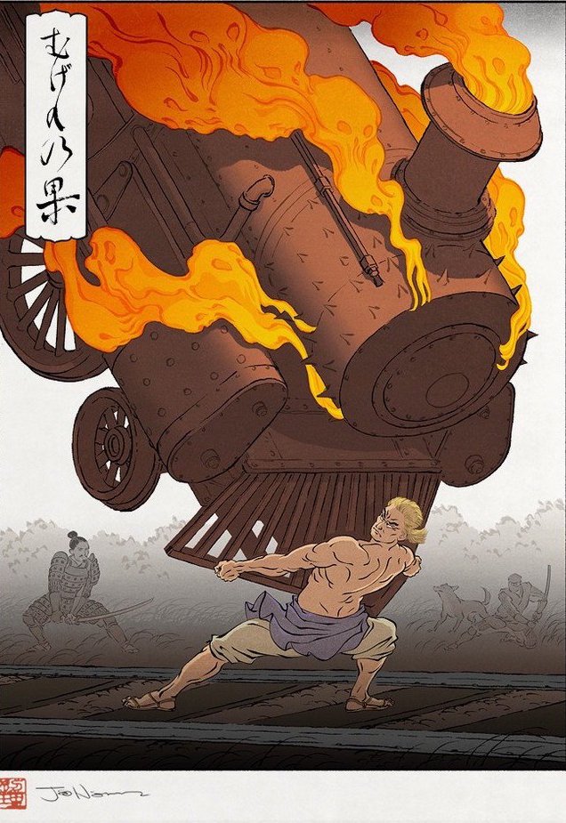 3boys armor battle blonde_hair commentary cyan_garamonde dog english_commentary final_fantasy final_fantasy_vi fire grass interceptor_(ff6) japanese_armor jed_henry katana looking_at_another multiple_boys muscular phantom_train railroad_tracks sabin_rene_figaro sandals shadow_(ff6) signature suplex sword third-party_source traditional_media train translation_request weapon