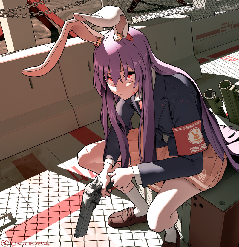 1girl animal_ears blazer chain circle_a expressionless eyebrows_hidden_by_hair gears_of_war gun jacket light long_hair long_sleeves looking_ahead necktie purple_hair rabbit_ears red_eyes reisen_udongein_inaba shadow shoes skirt solo touhou very_long_hair weapon white_legwear