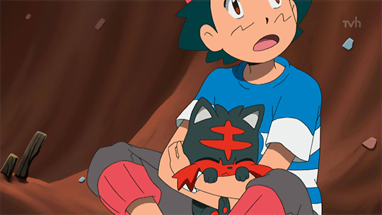 1boy animated animated_gif ash_ketchum cat gen_7_pokemon litten nintendo pokemon pokemon_(anime) pokemon_sm pokemon_sm_(anime)