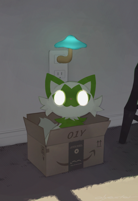 amazon_(company) animal_focus box cardboard_box commentary electrical_outlet english_commentary glowing glowing_eyes green_fur in_box in_container lamp looking_at_viewer nintendo no_humans olyester photo-referenced pokemon pokemon_(creature) shade shadow solo sprigatito tail