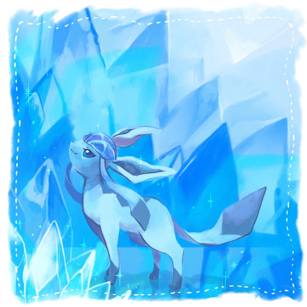 animal_focus blue_eyes blue_hair blue_theme closed_mouth commentary gen_4_pokemon glaceon ice long_hair looking_up nintendo no_humans pokemon pokemon_(creature) sidelocks smile standing symbol-only_commentary tail toneko