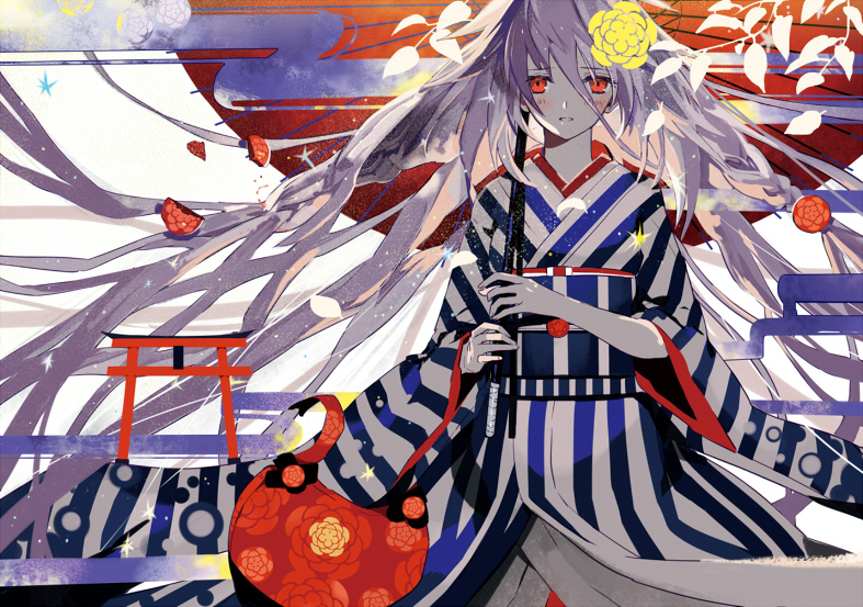 1girl bad_id bad_pixiv_id blush braid female_focus ia_(vocaloid) japanese_clothes kimono long_hair obi red_eyes sash serori silver_hair solo torii very_long_hair vocaloid