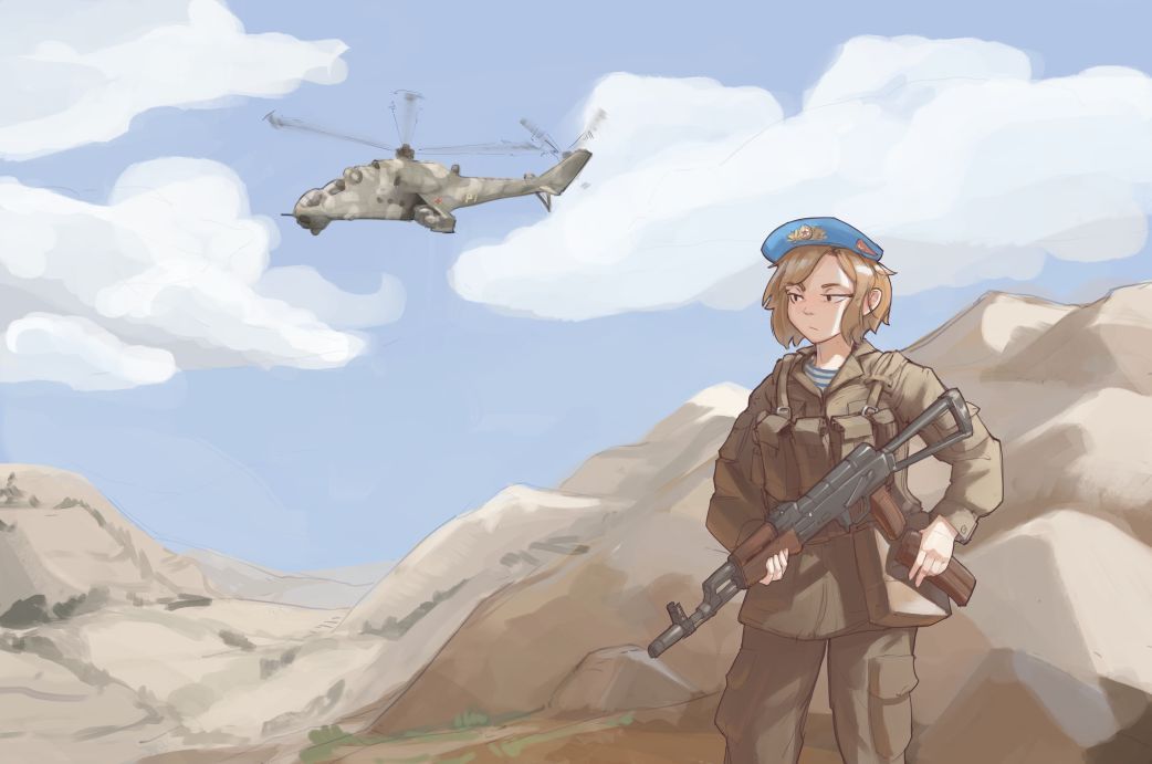 1girl aircraft ak-74 aks-74 ammunition_pouch assault_rifle attack_helicopter beret blonde_hair blue_sky cloud gun hat helicopter kalashnikov_rifle magazine_(weapon) mi-24 military_combat_uniform military_uniform military_vehicle mountainous_horizon original pouch rifle sanyadraws shirt sky soldier solo soviet_army striped_clothes striped_shirt telnyashka vdv war_in_afghanistan weapon