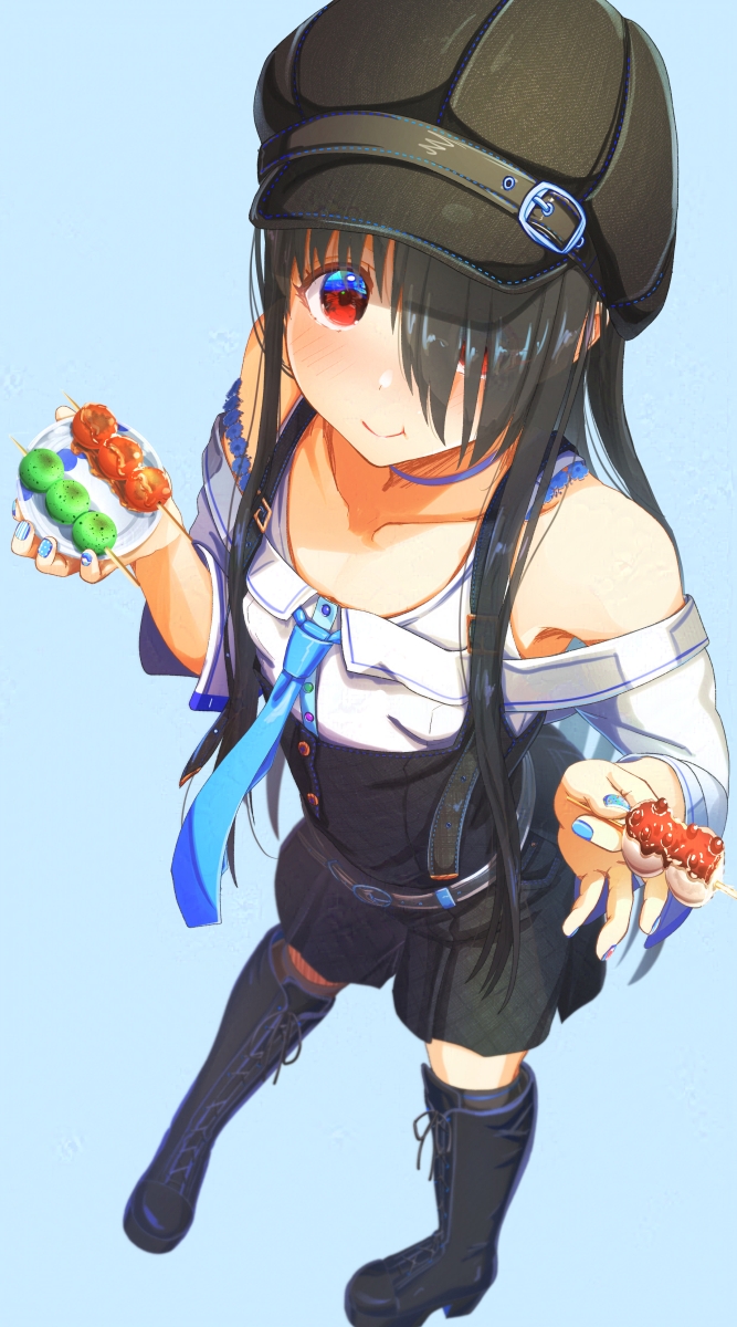 1girl aiuabo bare_shoulders belt belt_buckle black_boots black_hair black_skirt blue_background blue_choker blue_eyes blue_nails blue_necktie blush boots buckle choker closed_mouth collarbone commentary_request dango dress_shirt eating eyes_visible_through_hair food full_body grey_belt hair_over_one_eye highres holding holding_food holding_plate knee_boots lace-up_boots long_hair long_sleeves looking_at_viewer mitarashi_dango multicolored_eyes nail_polish necktie off-shoulder_shirt off_shoulder original plate red_eyes shirt simple_background skirt smile solo suspender_skirt suspenders two-tone_eyes wagashi white_shirt