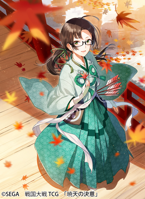 1girl arrow_(projectile) autumn_leaves bridge brown_hair from_above glasses gloves green_eyes japanese_clothes leaf looking_at_viewer official_art reflection sengoku_taisen standing water watermark white_gloves yuzuki_kihiro