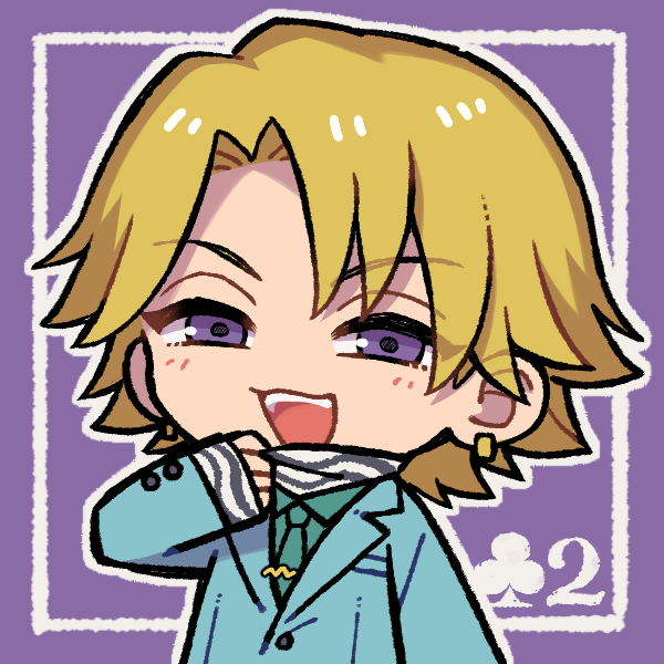 1boy blonde_hair blue_jacket chibi chibi_only club_(shape) earrings green_necktie high_card jacket jasper_libera jewelry long_sleeves looking_at_viewer male_focus necktie no_nose numae_kaeru open_mouth outline purple_eyes scarf solo striped_clothes striped_scarf two_of_clubs white_outline
