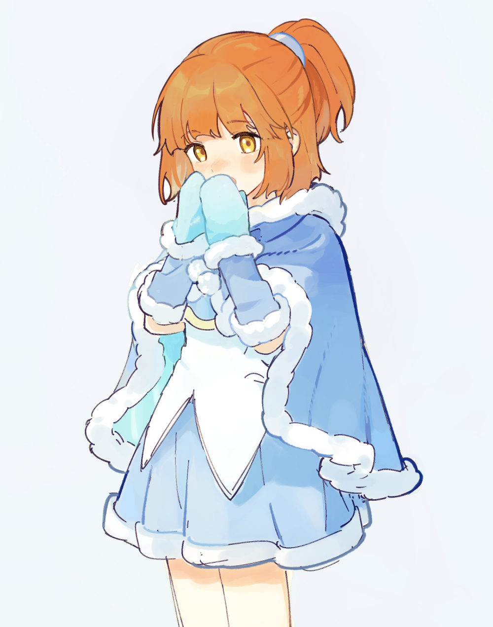 1girl arle_nadja arle_nadja_(winter_break) arm_warmers armor blue_arm_warmers blue_cape blue_mittens blue_skirt brown_hair cape chest_guard commentary covering_own_mouth cowboy_shot fur-trimmed_arm_warmers fur-trimmed_cape fur-trimmed_skirt fur_trim grey_background hands_up highres lirio_(nikori9) looking_at_viewer mittens open_mouth pom_pom_(clothes) ponytail puyopuyo puyopuyo_quest shirt short_ponytail simple_background skirt solo standing warming_hands white_background white_shirt winter_clothes yellow_eyes