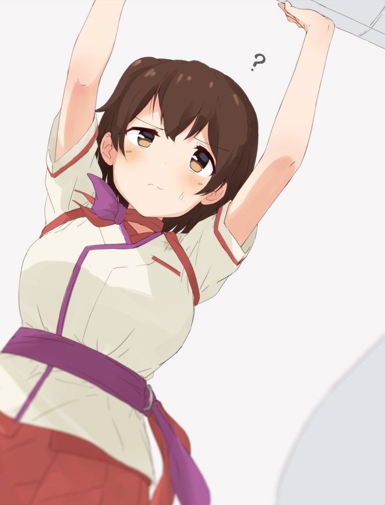 10s 1girl ? alternate_costume brown_eyes brown_hair commentary female_focus flight_attendant from_below hiryuu_(kancolle) hiryuu_(peach)_(kancolle) kantai_collection neckerchief peach_(airline) purple_neckerchief short_hair short_sleeves side_ponytail solo suke_(momijigari) travel_attendant white_background