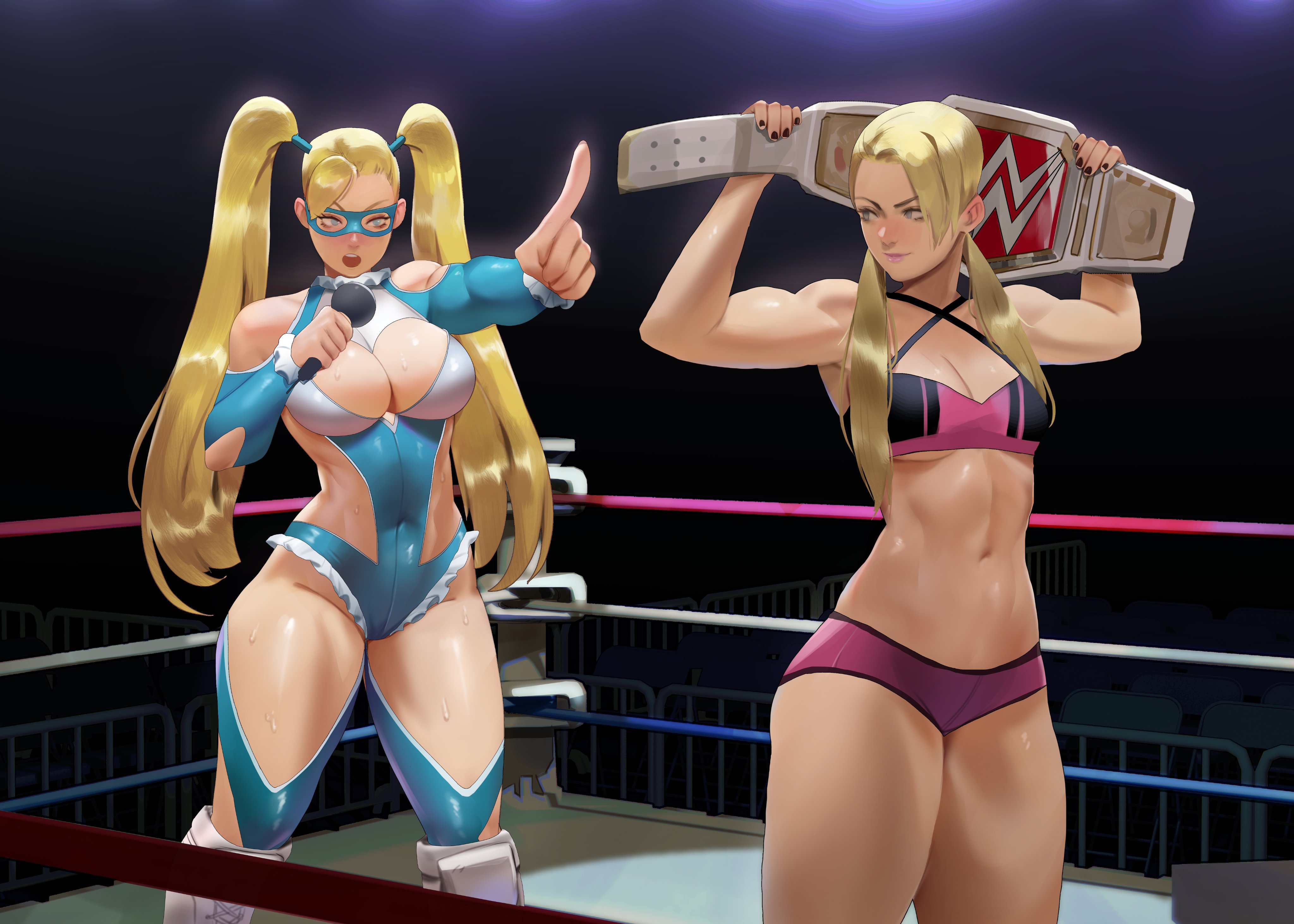 absurdres alexa_bliss bare_shoulders belt blonde_hair blue_eyes blue_leotard breasts championship_belt cleavage clothing_cutout domino_mask elbow_cutout hair_pulled_back heart_cutout highres indoors large_breasts leoquezadilla leotard long_hair low_twintails mask medium_breasts microphone midriff open_mouth rainbow_mika shoulder_cutout street_fighter street_fighter_v thick_thighs thighs twintails wrestler wrestling wrestling_mask wrestling_outfit wrestling_ring wwe