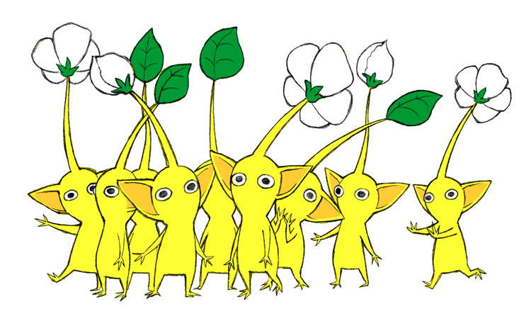 black_eyes bud colored_skin commentary_request flower hand_on_own_chin leaf looking_at_viewer naru_(wish_field) nintendo no_humans no_mouth outstretched_arms pikmin_(creature) pikmin_(series) pointy_ears simple_background white_background white_flower yellow_pikmin yellow_skin