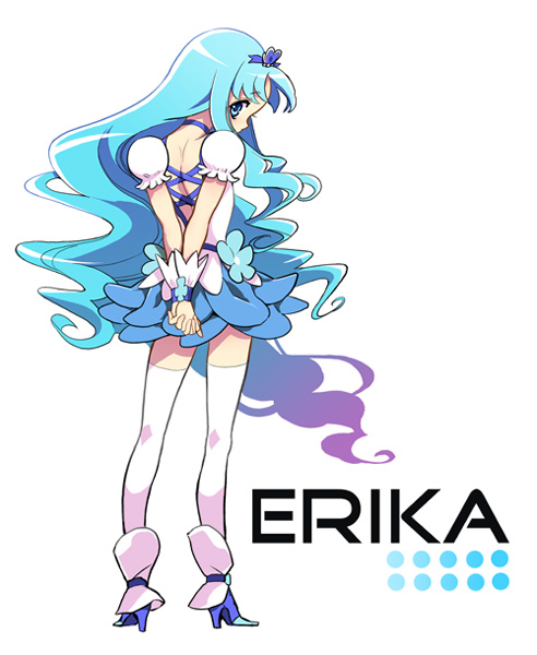 10s 1girl back blue_eyes blue_hair blue_skirt blue_theme boots character_name choker cure_marine dress earrings female_focus hair_ornament heart heartcatch_precure! jewelry kurumi_erika long_hair looking_back magical_girl matching_hair/eyes precure ribbon skirt solo thighhighs white_thighhighs wrist_cuffs zooya