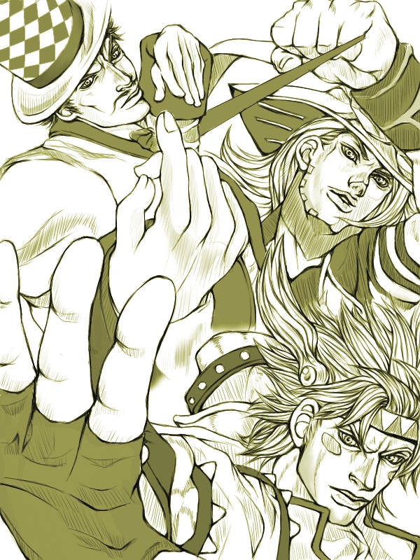 3boys battle_tendency caesar_anthonio_zeppeli checkered_clothes checkered_hat facial_hair facial_mark family feather_hair_ornament feathers fingerless_gloves gloves gyro_zeppeli hair_ornament hat headband holding holding_reins jojo_no_kimyou_na_bouken jojo_pose monochrome multiple_boys mustache name_connection phantom_blood reins ruushii_(lucy_steel6969) steel_ball_run top_hat triangle_print will_anthonio_zeppeli