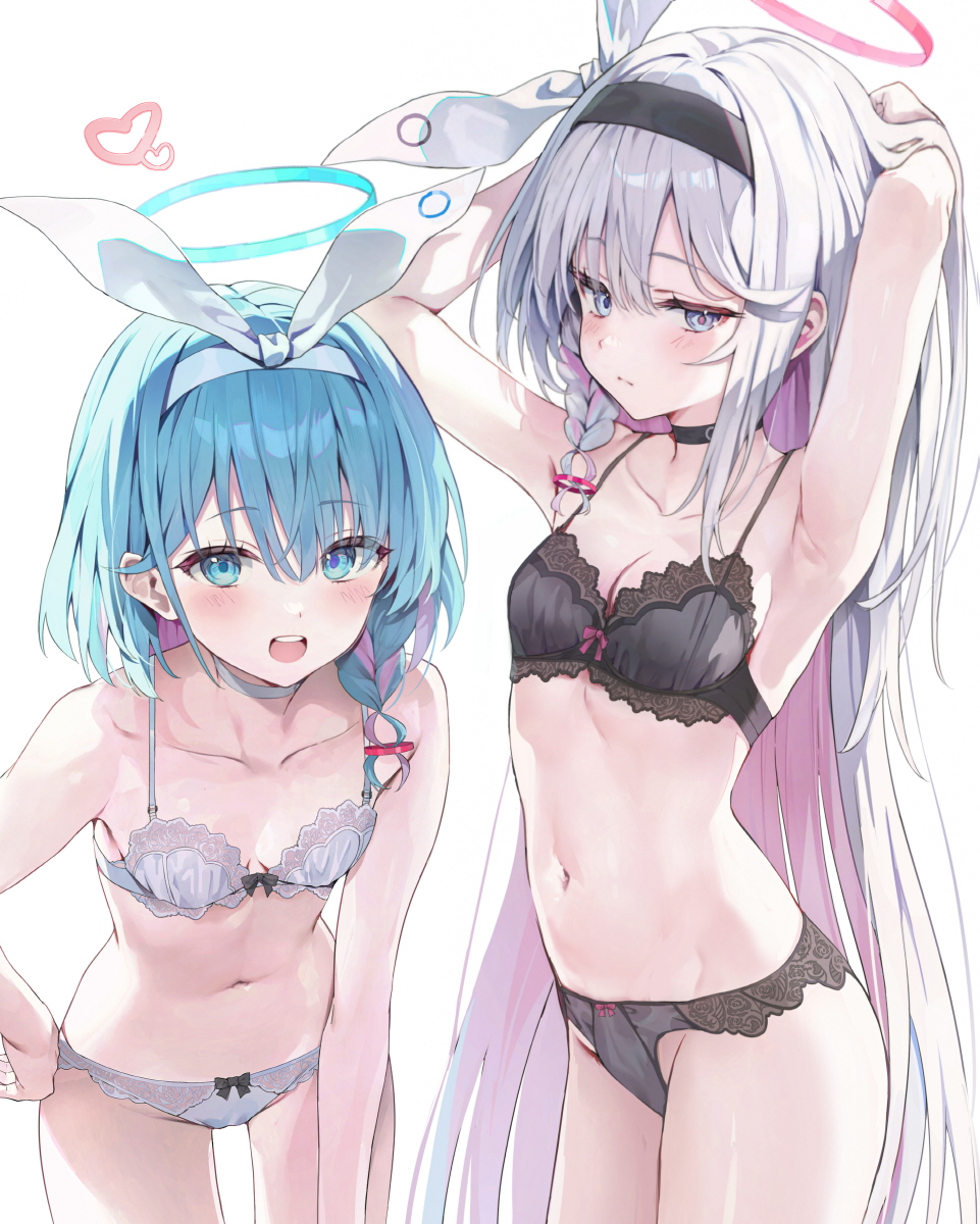 2girls armpits arms_up arona_(blue_archive) bare_arms bare_shoulders black_bra black_hairband black_panties blue_archive blue_eyes blue_hair blue_halo blush bow bow_bra bow_hairband bow_panties bra braid breasts choker colored_inner_hair hair_over_one_eye hair_ribbon hairband halo heart highres huwari_(dnwls3010) lace lace-trimmed_bra lace-trimmed_panties lace_trim leaning_forward lingerie long_hair looking_at_viewer multicolored_hair multiple_girls navel open_mouth panties pink_hair plana_(blue_archive) red_halo ribbon short_hair side_braid simple_background single_braid small_breasts smile standing stomach swimsuit two-tone_hair underwear underwear_only very_long_hair white_background white_bra white_choker white_hair white_hairband white_panties white_ribbon