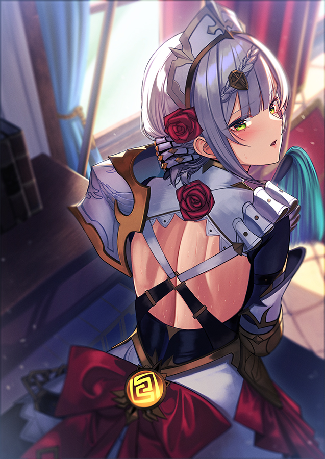 1girl armor back blunt_bangs blurry blurry_background commentary_request flower from_behind genshin_impact green_eyes grey_hair hair_flower hair_ornament indoors looking_at_viewer looking_back noelle_(genshin_impact) parted_lips red_flower red_rose rose short_hair solo sweat unowen vision_(genshin_impact) window
